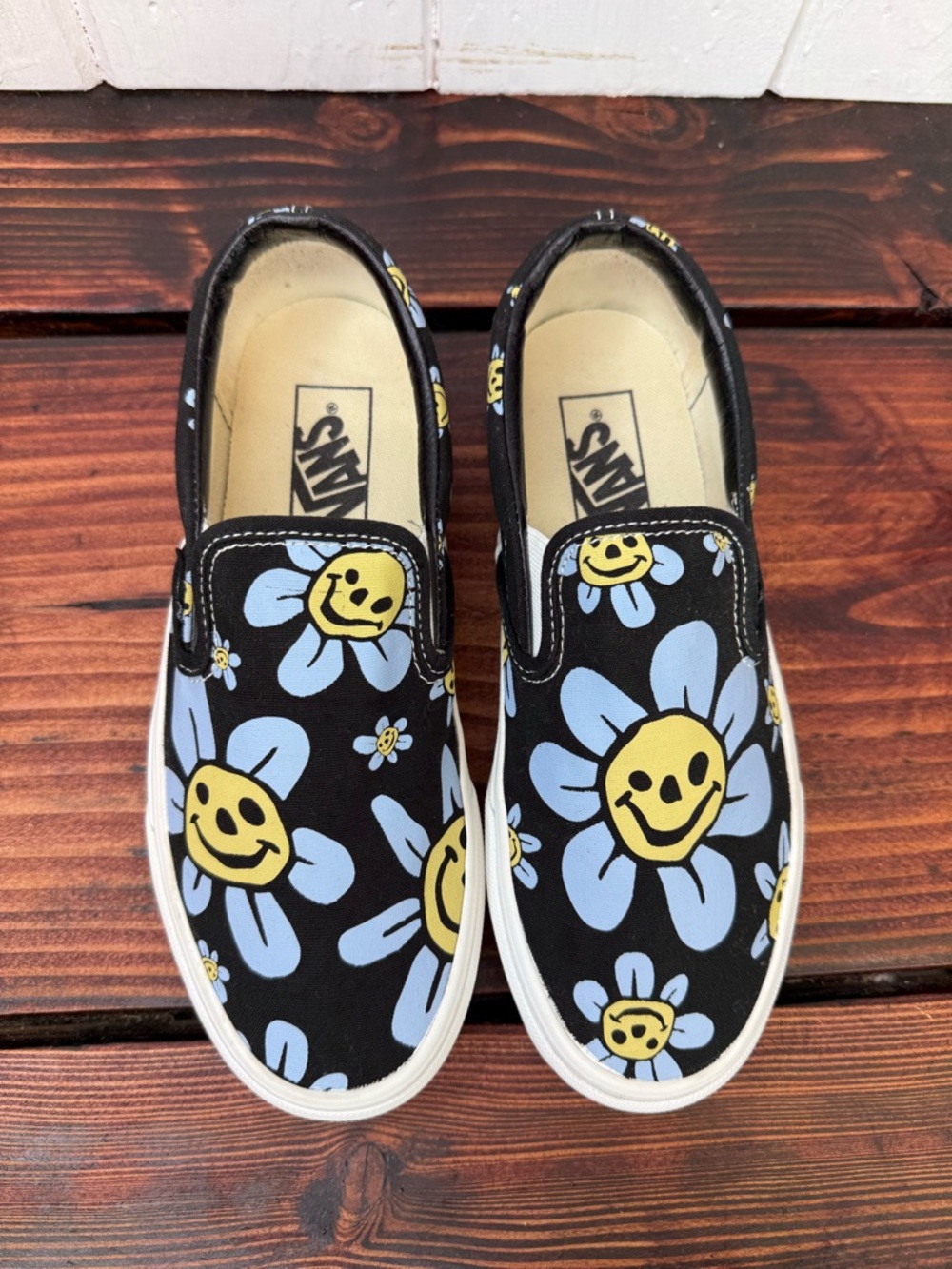 Vans Black Canvas Slip-On Sneakers with Yellow & Light Blue Smiley Flowers - Picture 3 of 8